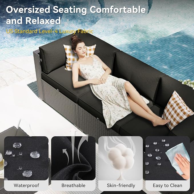 Aoxun Patio Furniture Set, 7 Piece Outdoor Sectional Sofas with Waterprool Cover, Wicker Rattan Outdoor Furniture Patio Conversation Set for Backyard, Garden Black