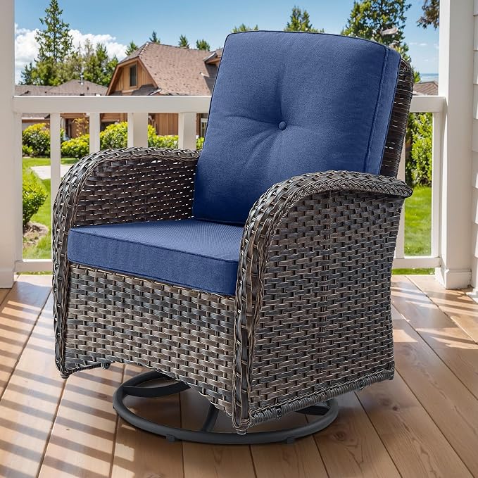 2 in 1 Porch Glider Swivel Chair - Wicker Patio Furniture Outdoor Swivel Rocker Chair with Thick Cushion, 300 Lb Weight Capacity Patio Swivel Glider Seating - Brown Wicker, Blue Cushion