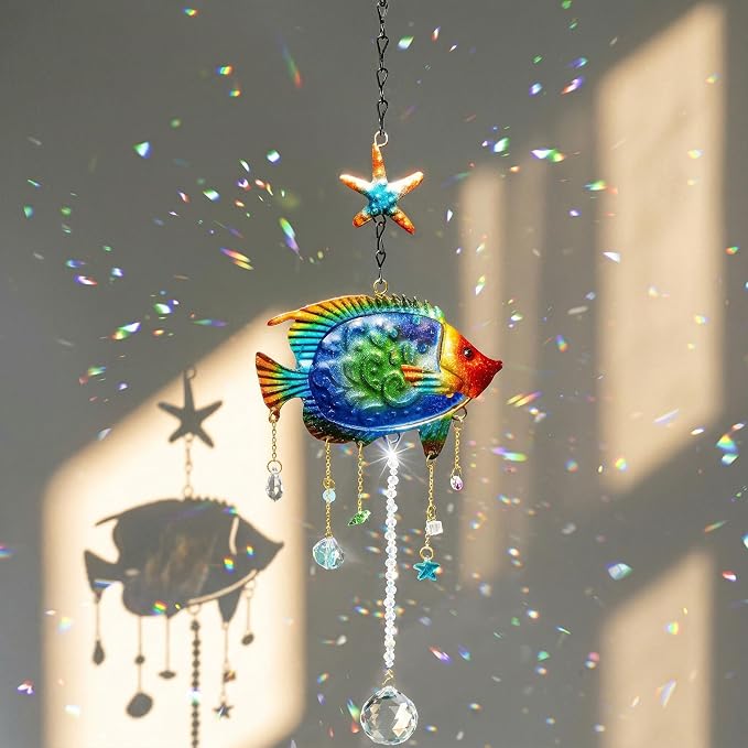 18.5inch Tropical Fish Crystal Suncatcher for Window Hanging Coastal Decor | Prism Sun Catchers Indoor Window,Metal Sun Catcher for Beach Ocean Garden Home Indoor Decor,Ocean Gift For Beach Lovers