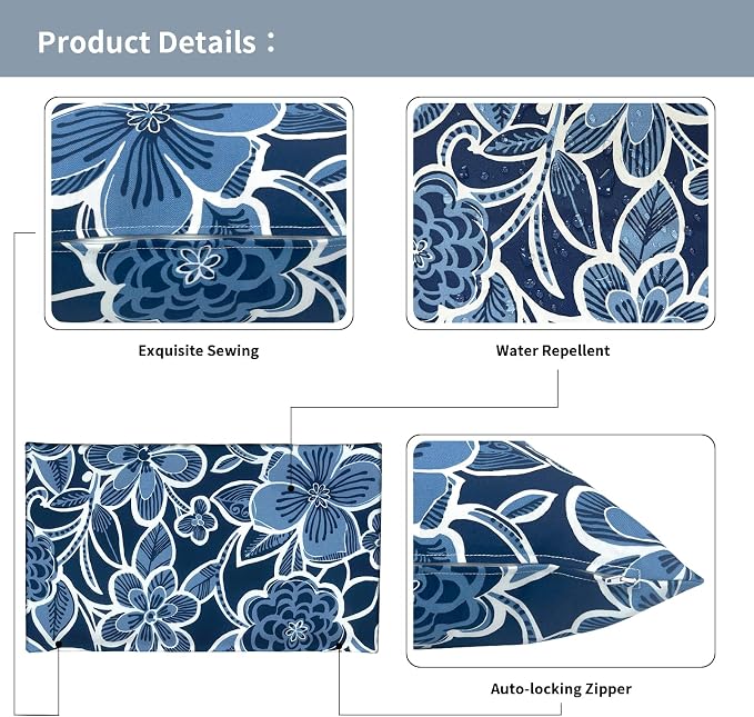 Outdoor Lumbar Pillow Covers 12”x20”, Rectangle Throw Pillow Covers for Patio Furniture, Decorative Lumbar Cushion Case for Garden Balcony Couch Office Chair, Pack of 2,Flower Navy