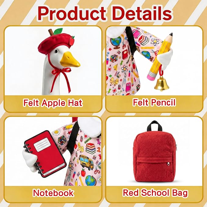 Back to School Porch Goose Outfits Fits 23" Cement Plastic Statue Goose Clothes for Back to School Day Outdoor Garden Yard Patio Statue Art Decor