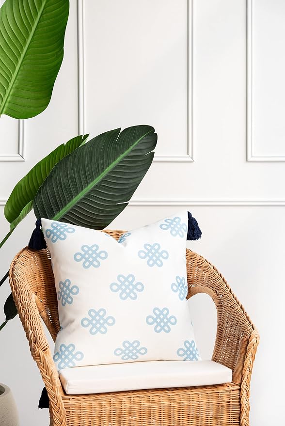 Hofdeco Premium Coastal Patio Indoor Outdoor Lumbar Pillow Cover ONLY for Backyard, Couch, Sofa, Baby Blue Greek Key Knot Tassel, 18"x18"