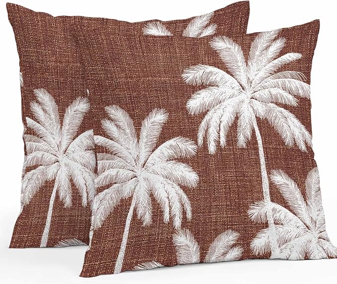 Outdoor Pillow Covers 24x24 Inch Set of 2, Brown Palm Trees Waterproof Throw Pillow Covers, Farmhouse Tropical Summer Beach Decorative Cushion Pillowcases for Couch, Sofa, Bed, Garden, Patio