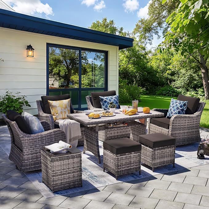 MEISSALIVVE Patio Furniture Set with Swivel Chairs, 8 Pieces Wicker Patio Conversation Set, Outdoor Patio Set with 2 Swivel Rocking Chair & 2 Single Chair, 2 Ottomans and Dining Table (Black)