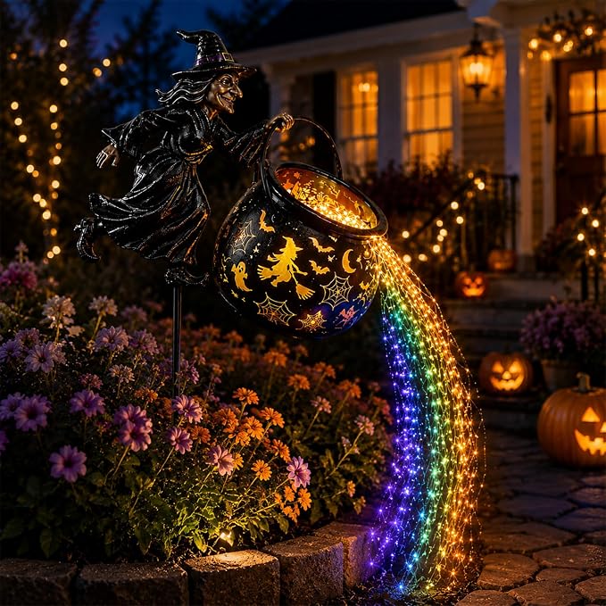Halloween Witch Cauldron Garden Light,Colorful Flowing Waterfall LED Stake with Flying Witch Projector for Outdoor Yard Lawn Patio Pathway Decor