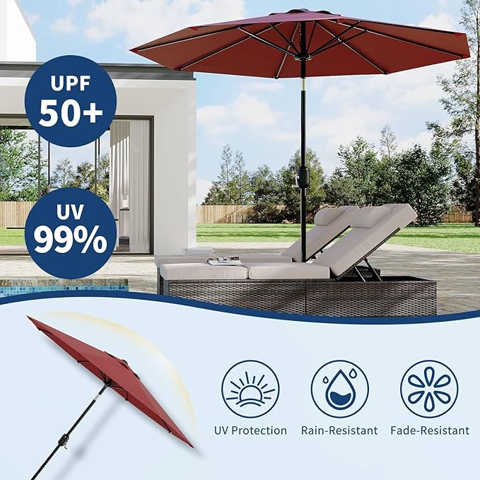 10FT Outdoor Patio Market Umbrella, 8 Sturdy Ribs Table Umbrella with Crank Lift & Push Button Tilt, UV Protection Waterproof for Pool, Deck, Yard, Garden, Red