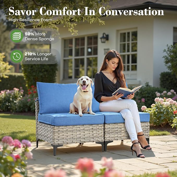 9 Pcs Patio Furniture with Fire Pit Table, Outdoor Rattan Wicker Conversation Set with Glowing Coffee Table, Comfy Sectional Sofa for Porch Balcony Backyard Pool, Light Blue