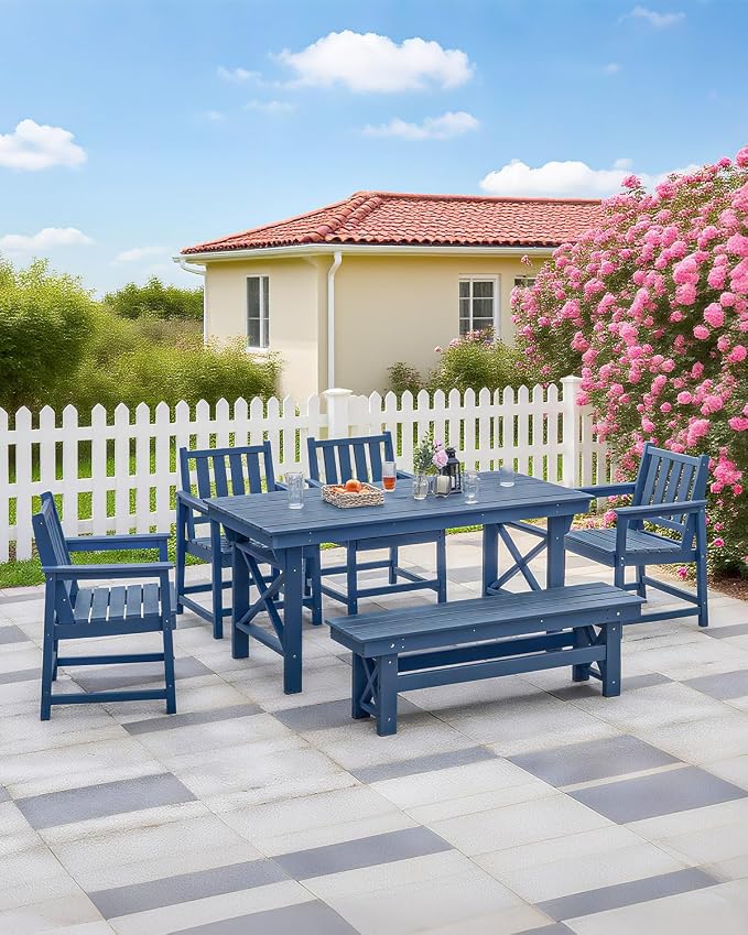 Outdoor Patio Dining Set for 6, HDPE Dining Furniture Set with Umbrella Hole Cut-Out Table and 4 Chairs and 1 Bench, All Weather Outdoor Dining Bench Sets for Garden, Deck, Navy Blue