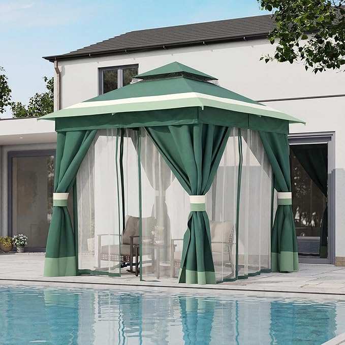 LAUSAINT HOME 8'x8' Outdoor Gazebo, Metal Frame Heavy Duty Patio Canopy Tent Shelter with Double Roofs, Mosquito Nettings and Privacy Screens for Backyard, Garden, Lawn, Forest Green