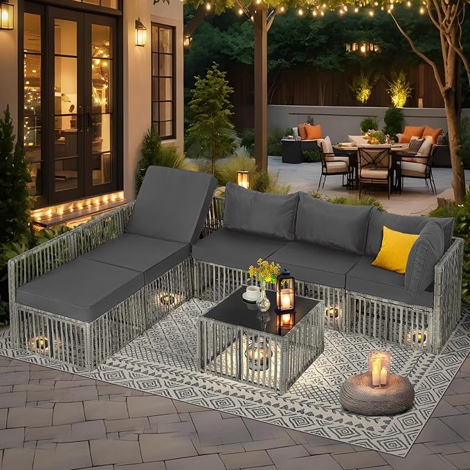 FHFO 7 Piece Outdoor Wicker Patio Furniture Set, Grey/Dark Grey | Sectional Sofa | All-Weather Hand-Woven Rattan | Tempered Glass Coffee Table | Adjustable Backrest | Indoor & Outdoor Use