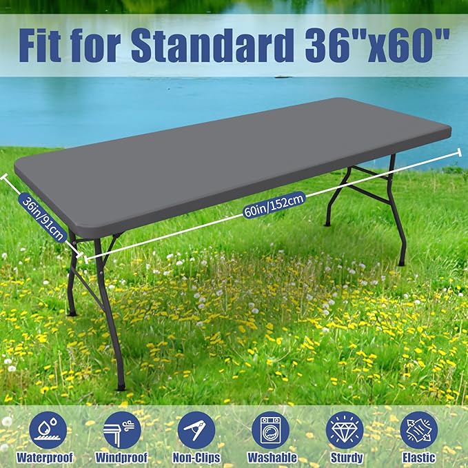 Moosfor Spandex 5 Foot Rectangle Table Cloth 2 Pack, Elastic Fitted Tablecloths for Picnic, Stretch Washable Patio Table Cover for Outdoor, Camping, Banquet and Parties (Grey, 36"x60")