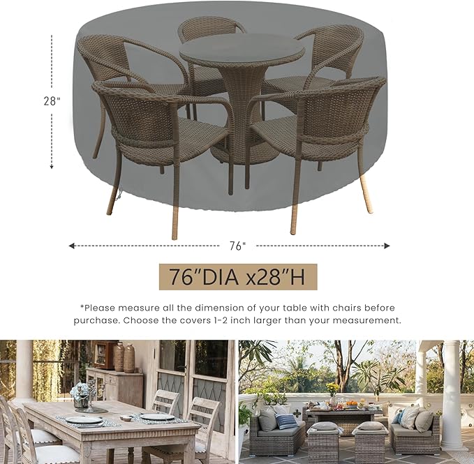 SheeChung Outdoor Table Cover Round 76"DIAx28"H,Waterproof Patio Furniture Covers,Heavy Duty 600D Weather Resistant Fabric,Fits for 72,74,76" Outdoor Table & Chair Set