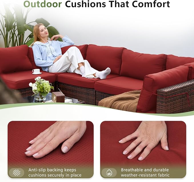 Amopatio Patio Furniture Set Modular Outdoor Sectional 7 Piece Wicker Patio Set, Multiple Combinations Outdoor Sofa w/Coffee Table, Waterproof Cover Included, Burgundy