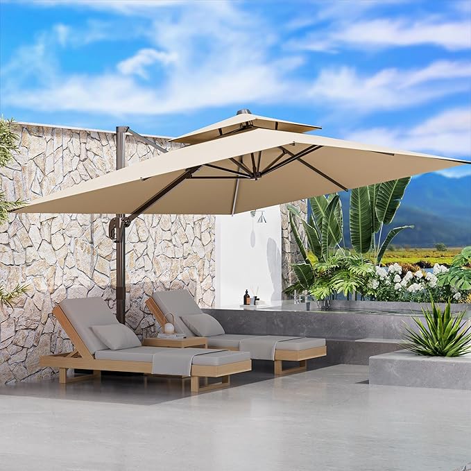 9' X 12' Outdoor Cantilever Patio Umbrella - Heavy Duty Offset Umbrella with 360° Rotation for Garden Deck Pool Patio, Brown