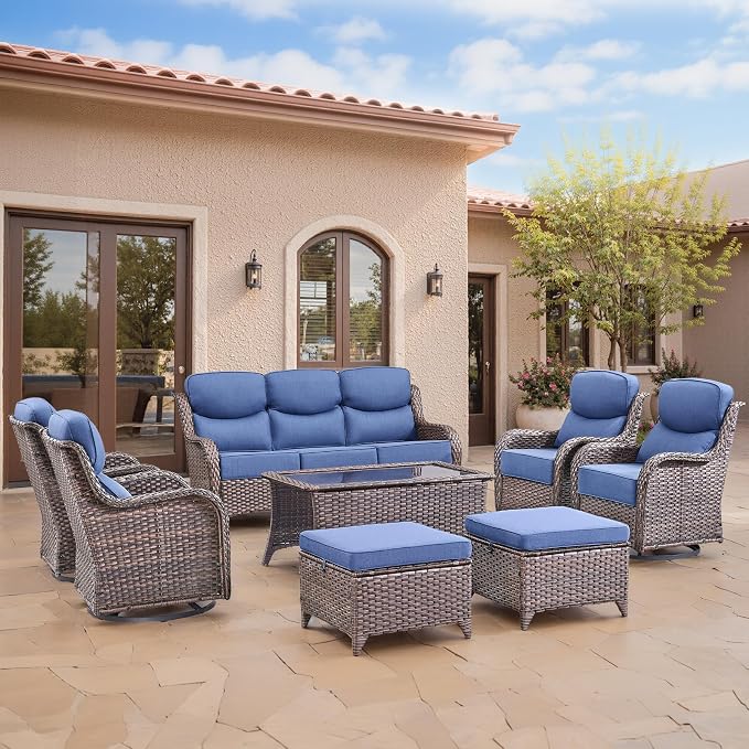 Swivel Patio Chairs sofa Set of 8 with 6" Thick Cushion - Wicker Outdoor Swivel Rocker Patio Chair ,Sofa/Glass coffee table, High Back Comfortable Outdoor Glider Chairs - Brown Wicker - Blue Cushions