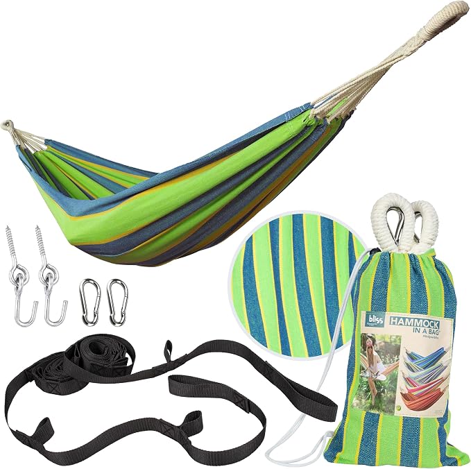 Bliss Hammocks 40" W Single Outdoor Hammock with Universal Multi-Loop Suspension with "S" Hooks, Durable, Cotton/Polyester, 220 Lbs Capacity, Mediterranean