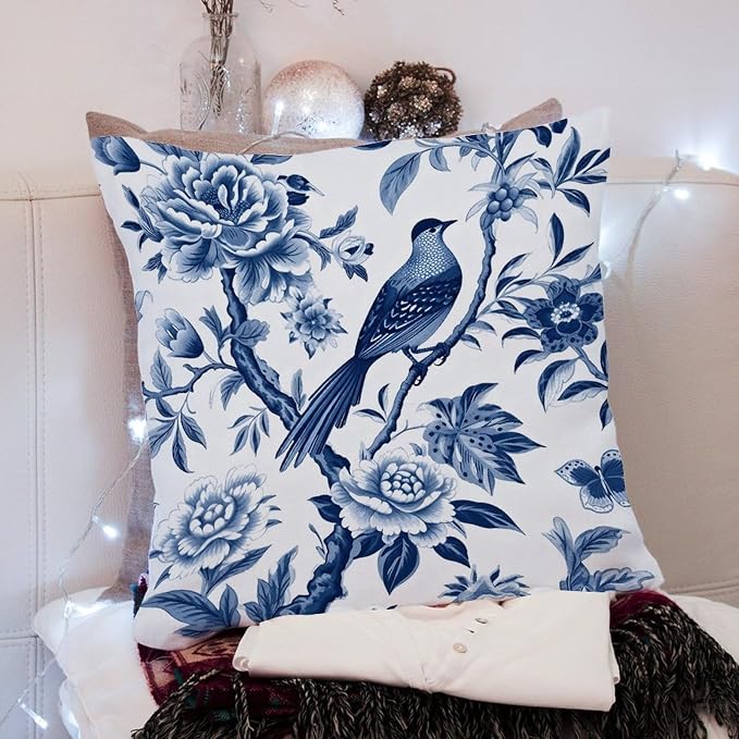Blue Indigo Floral Chinoiserie Outdoor Throw Pillow Covers Asian Navy Lotus Bird Waterproof Throw Pillowcase 20x20 in Modern Accent Cushion Cover for Patio Furniture Garden