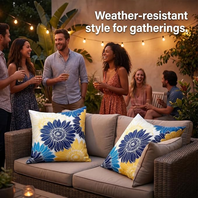 Outdoor Pillow Covers Summer Waterproof Sunflower Throw Pillow Covers 20x20 Decorative Blue Yellow Floral Cushion Covers Square Garden Throw Pillowcase Set of 2 for Patio Furniture Tent Balcony Bench