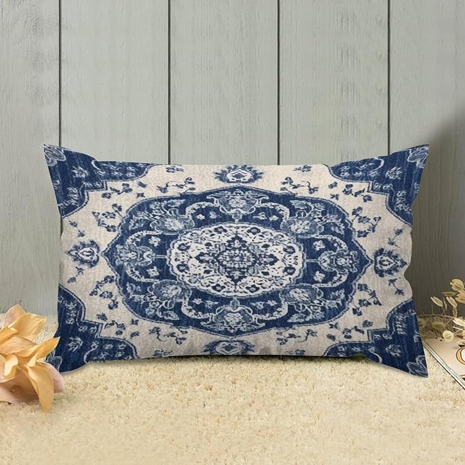 Set of 2 Classical Navy Blue Damask Pattern Pillow Covers 12x20in Farmhouse Canvas Cushion Covers Outdoor for Couch Chair Home Decor for Family Friends
