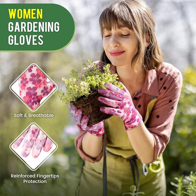 6 Pairs Gardening Gloves for Women - Breathable Rubber Coated Garden Gloves, Multi-purposes Gardening Gloves