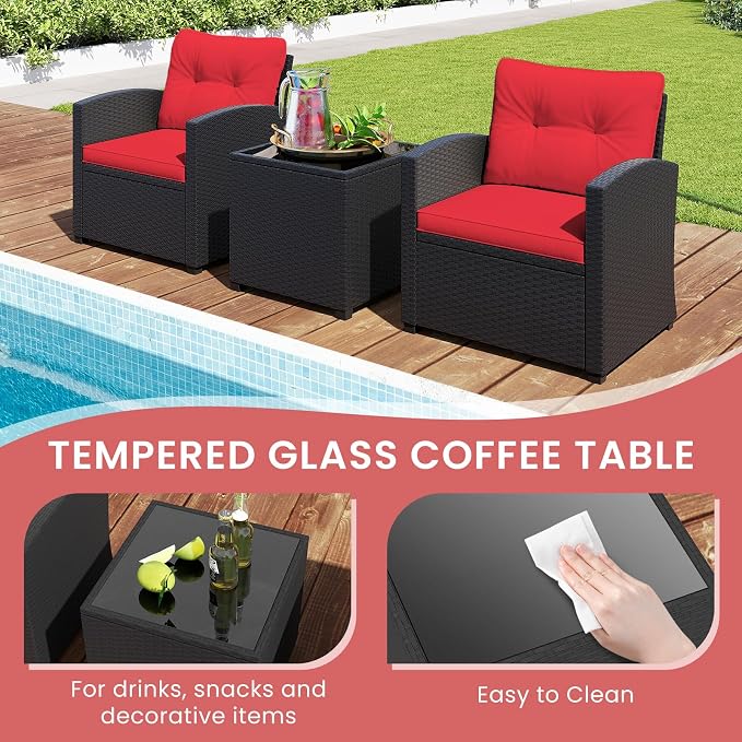 ORALNER 3 Pieces Patio Furniture Set, Wicker Conversation Set Outdoor Chairs with Cushions, Glass Coffee Table, Rattan Bistro Set for Front Porch Balcony Garden Deck Poolside (Red)