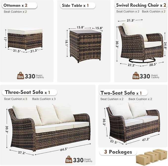 MEISSALIVVE 7 Pieces Patio Furniture Set with Swivel Chair, Wicker Patio Sofa, Rattan Conversation Set with Three-seat Sofa, 2 Ottomans and Loveseat for Lawn Backyard (Brown)