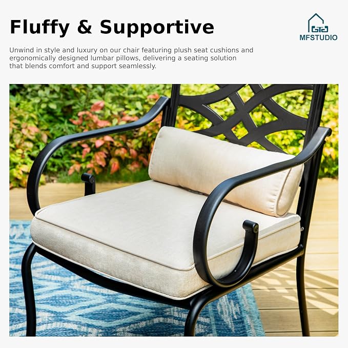 MFSTUDIO Patio Dining Set, 37" Square Wood-Look Table, Swivel Chairs | Umbrella Hole, Seats 4, All-Weather Use