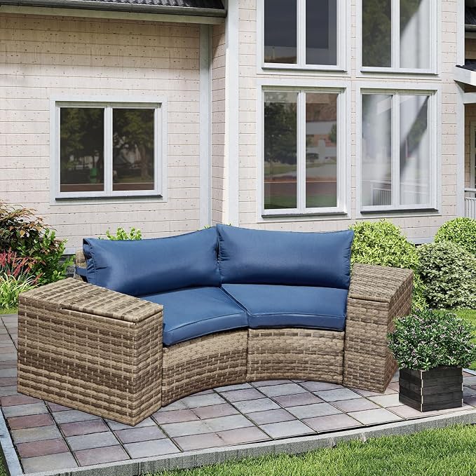 ECOTOUGE Patio Furniture Set, 4 Piece Half-Moon Sectional Round Patio Furniture Set, Wicker Cushion Sofa with 2 Storage Side Table for Pool Backyard Patio Garden(Blue)