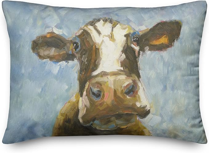 Blue Painted Cow Indoor/Outdoor Pillow | Decorative Pillows for Living Room Couch Bed Sofa Patio, Fluffy Soft Cushion | Water Resistant Multi, 14x20