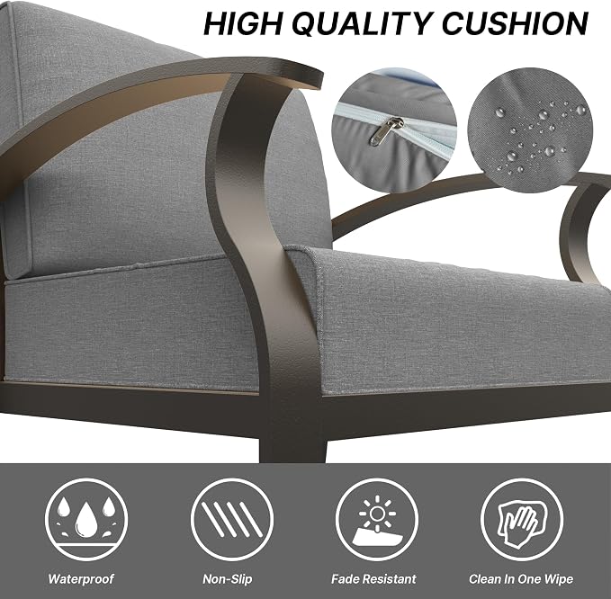 Gotland 8 Seats Outdoor Metal Patio Furniture Set with 55,000 BTU Gas Fire Pit Table w/Glass Wind Guard Patio Conversation Sectional Sofa Sets-Grey