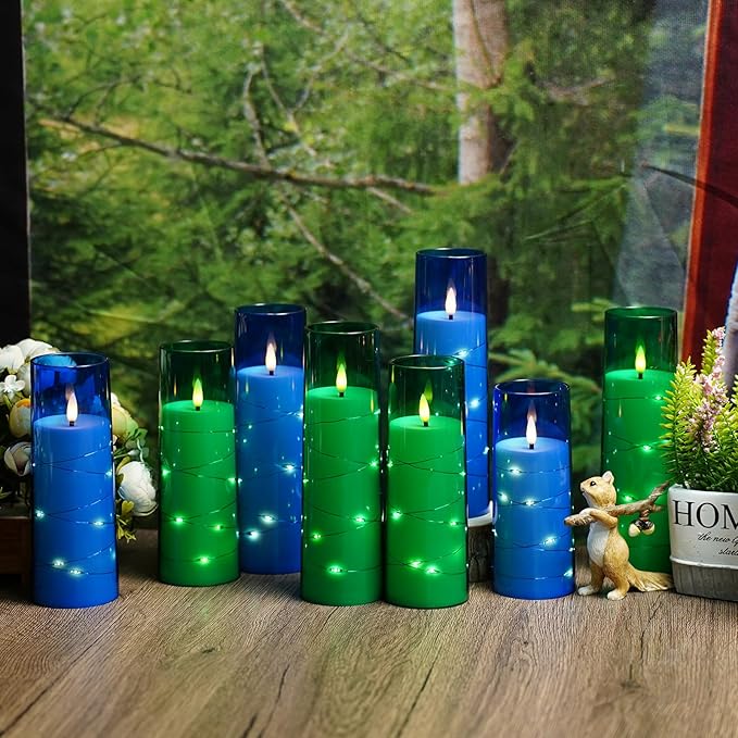 Eebuss Flameless Candles with Embedded Star String, Battery Operated LED Pillar Candles with Timer and Remote Control,Home Decorating for Ambiance， Set of 7 (Green)