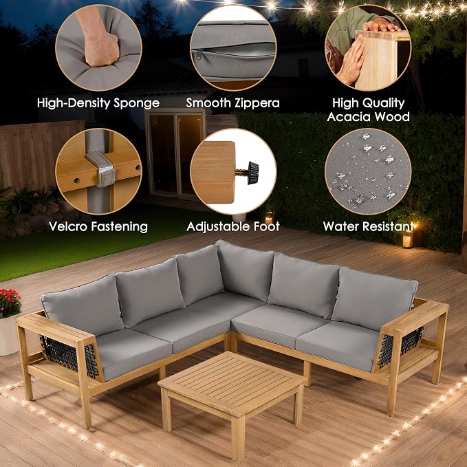 Merax Outdoor Patio Furniture Set 5 Seats, L-Shaped Outdoor Sectional Corner Sofa Set, Acacia Wood Conversation Sets with Washable Cushions & Coffee Table, Patio Furniture for Backyard, Porch, Grey