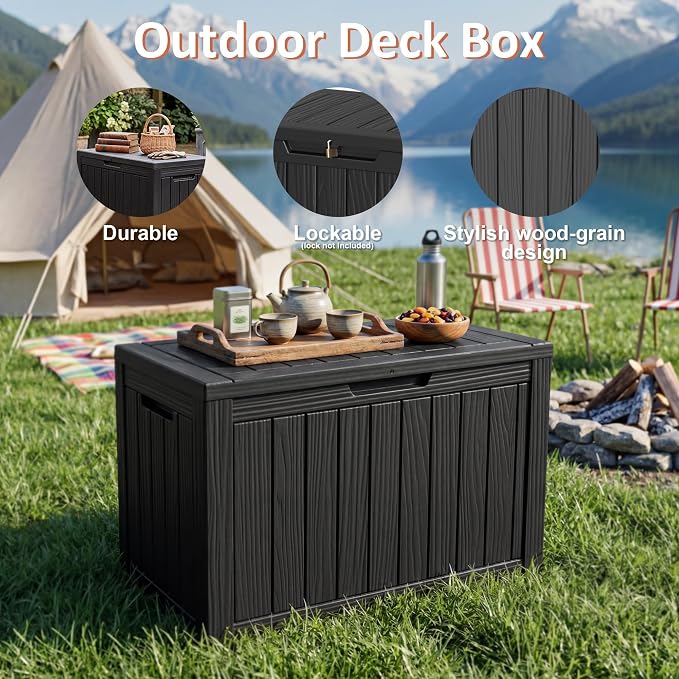 55 Gallon Outdoor Storage Box Waterproof, Small Resin Deck Box with Lockable Lid, UV-Resistant and Weatherproof Outside Storage Bin for Patio Cushions, Garden Tool, Pool Accessories, Furniture, Pillow
