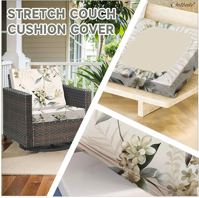 CALBODE 8 Pcs Stretch Outdoor Seat Cushion Covers, Washable Chair Seat Cover for Patio Furniture Cushions Soft Indoor and Outdoor Couch Cover Replacement (Beige Botanical, Cover Only)