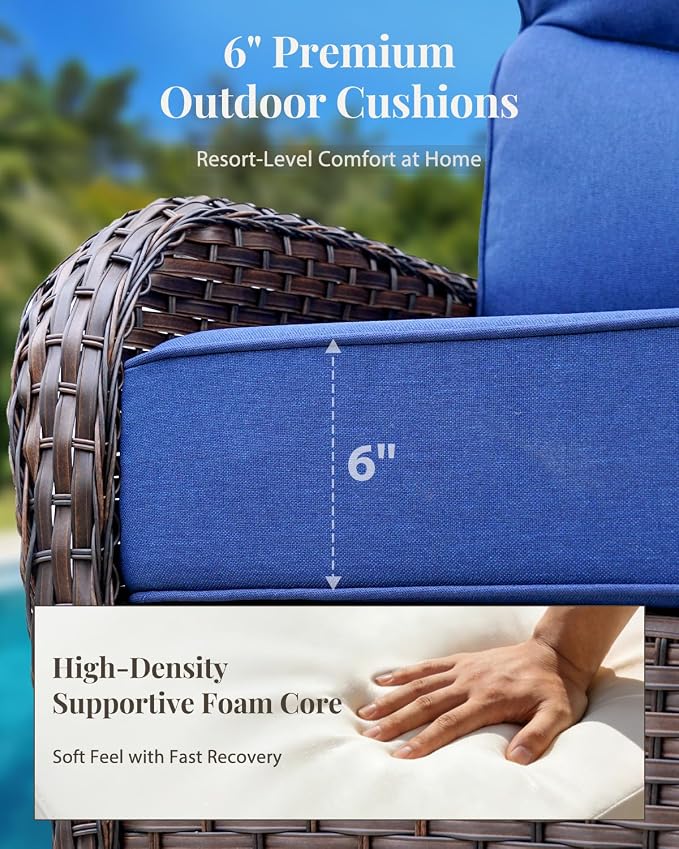 Patio Furniture Set with Luxury 6" Cushions, 6 Pieces Swivel Rocking High Back Patio Chairs, Outdoor Wicker Conversation Set for Deck, Porch, Backyard, Poolside, Blue