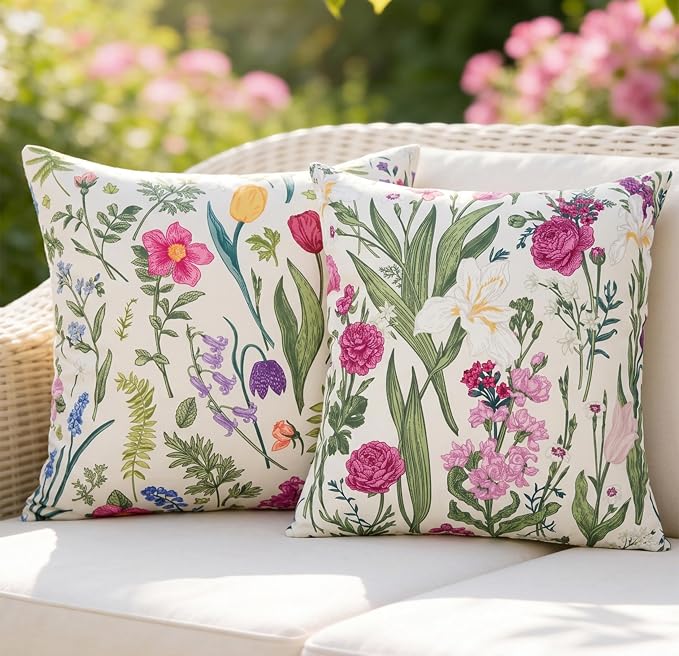 Pyonic Waterproof Outdoor Pillow Covers 18x18 Inch Set of 2 Pink Floral Plant Outdoor Pillows for Patio Furniture Porch Spring Summer Garden Decoration for Home, Meadow Flowers and Herbs