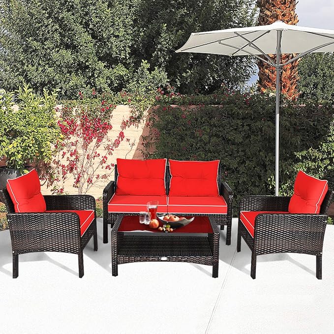 HAPPYGRILL 4-Piece Patio Furniture Set Outdoor Rattan Wicker Sofa Set with Cushions & Coffee Table, Conversation Sofa Set with Tempered Glass Table Top and Storage Shelf