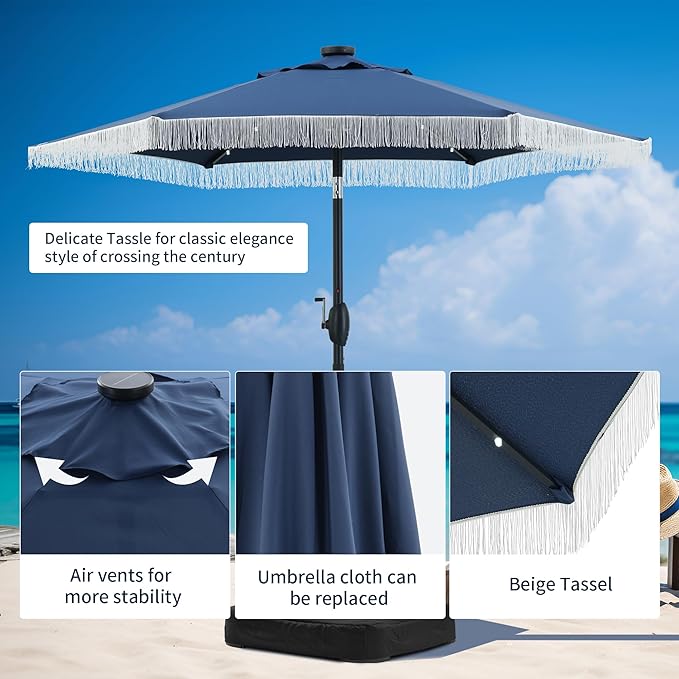 GDY 7.5ft Tassel Patio Umbrella and Matching Base, Outdoor Table Umbrella with 18 LED Lights,Market Umbrella with 6 Sturdy Ribs, with Push Button Tilt and Crank, Dark Blue