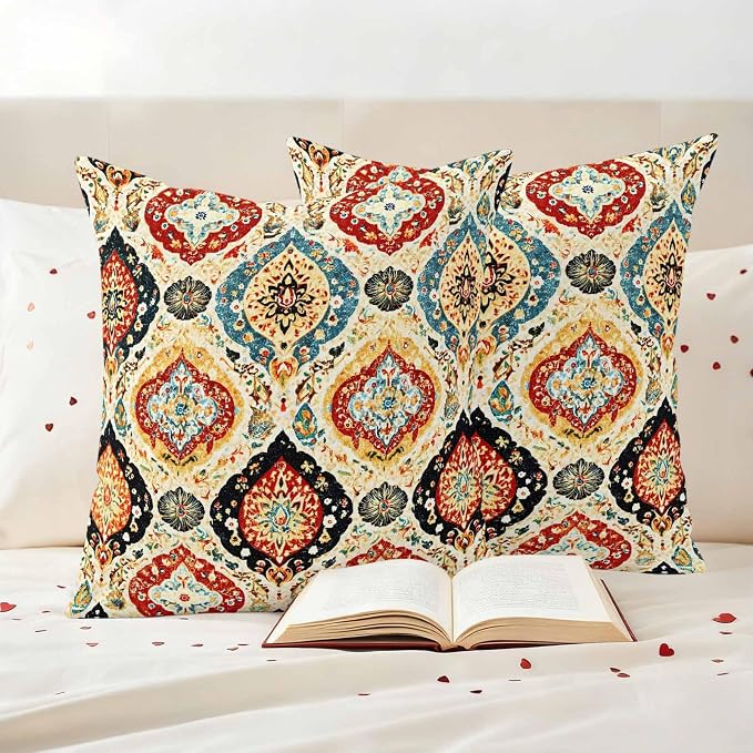 Bohemian Floral Outdoor Pillow Covers 26"x26" Set of 2, Abstract Moroccan Ethic Tribal Colored Floral Waterproof Throw Pillow Covers for Patio Furniture, Decorative Cushion Covers for Porch
