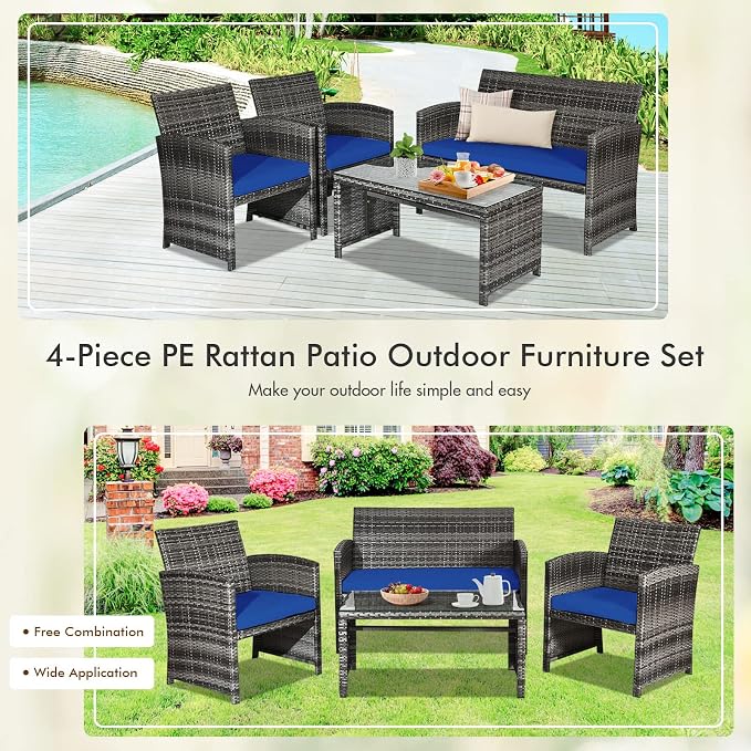 Outdoor Conversation Set, 4 Pieces Wicker Patio Furniture Set with Ergonomic Curved Design, Patio Chair Set with Water-resistant Cushion & Tempered Glass Table for Balcony,Porch(Navy Blue)