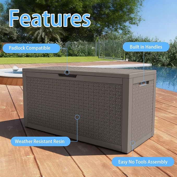 121 Gallon Outdoor Deck Box, Lockable Large Deck Box Waterproof Resin Storage Bin with Lid for Patio Furniture Cushions Garden Tools (Gray, 121 Gallon)