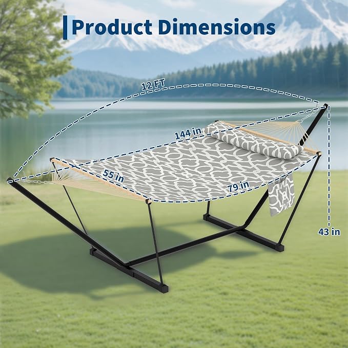 Double Hammock with Stand for Outdoor - Heavy Duty Portable 2 Person Hammock with Adjustable Steel Stand, 450 Lbs Capacity Free-Standing Fabric Hammock Bed with Spreader Bars, Pillow & Side Pocket
