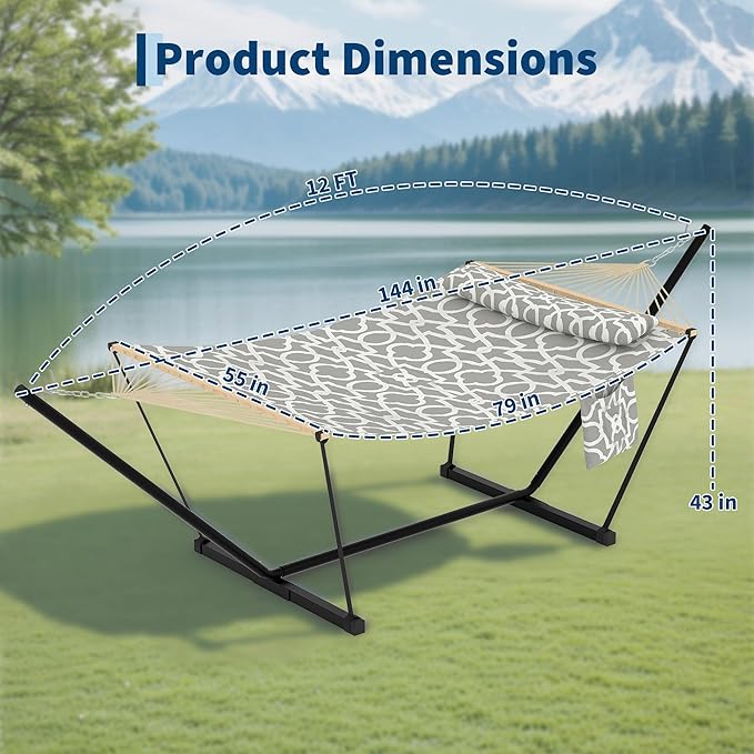 Double Hammock with Stand, 2 Person Heavy Duty Outdoor Hammock with 12FT Stand, Adjustable Steel Frame, Detachable Pillow,Carry Bag Included,450lbs Capacity, Indoor Outdoor Swing Bed–Light Gray