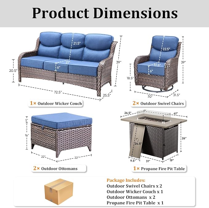 Luxury Patio Furniture Set with 42.5" Fire Pit Table, 6 Pieces High Back All Weather Wicker Outdoor Furniture w/ 6-Inch Thick Cushions, Patio Swivel Chairs Couch for Deck Balcony Backyard Brown/Blue