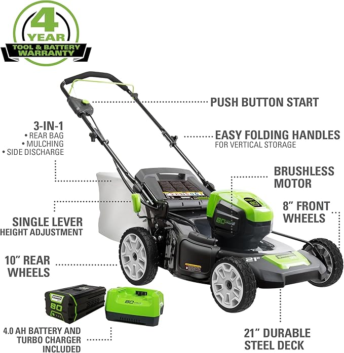 Greenworks Pro 80V 21" Brushless Cordless Lawn Mower, 4.0Ah Battery and 60 Minute Rapid Charger Included & 40V Cordless String Trimmer and Leaf Blower Combo Kit, 2.0Ah Battery and Charger Included