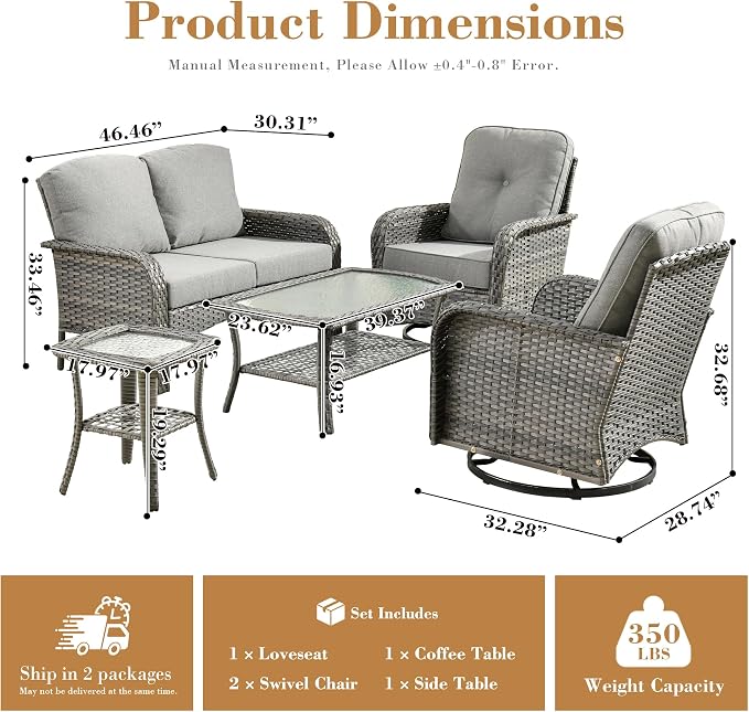 5 Pieces Patio Furniture Set, All Weather Rattan Patio Conversation Sets with Swivel Rocking Chairs, Coffee Table, High Back Outdoor Furniture Loveseat for Porch, Backyard,Dark Grey