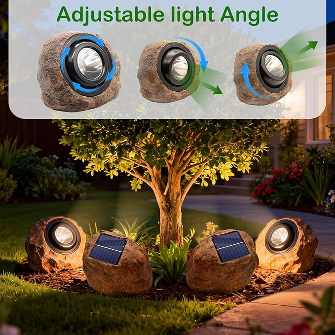 Solar Rock Lights Outdoor,4 Pack IP65 Waterproof LED Solar Brown Garden Stone Spotlights,Warm White & Cool White Switchable,Auto On/Off Landscape Lights for Pathway Walkway Yard Patio