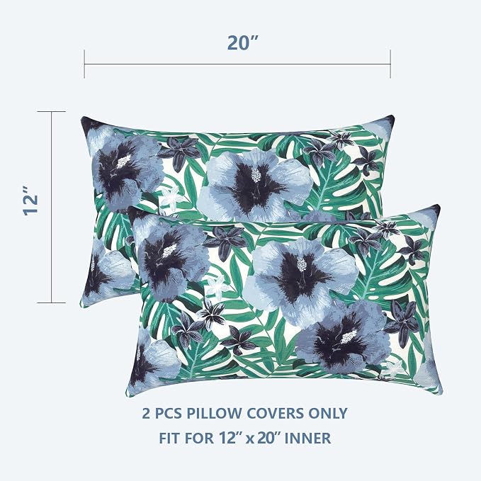 LVTXIII Outdoor Lumbar Pillow Covers, Patio Decorative Lumbar Pillow Cases ONLY, Fluffy Fade-Resistant Lumbar Cushion Cases for Home Balcony and Garden, 12x20 Inch, Pack of 2, Blue Salmone Tropical