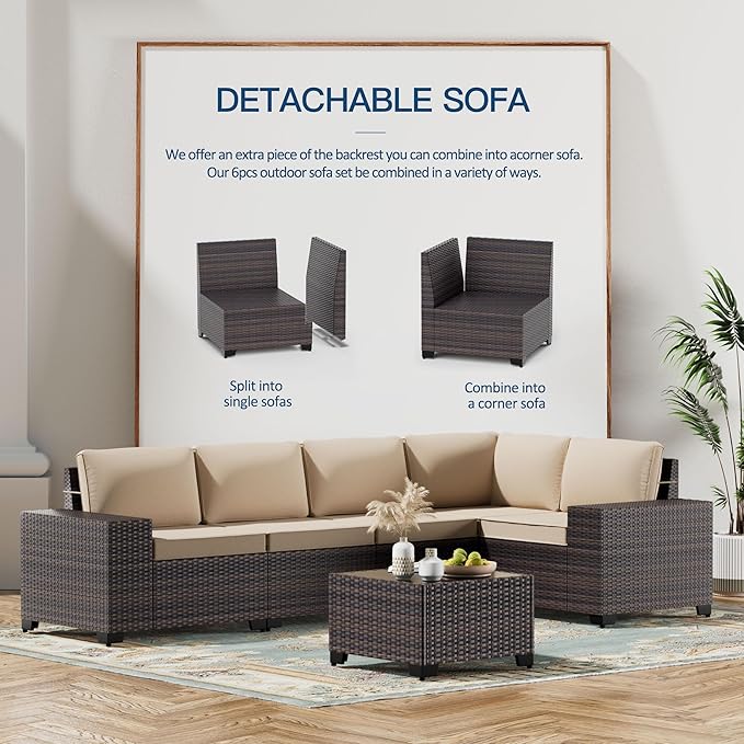 Kullavik 7 Pieces Outdoor Patio Furniture Set with 43" 55000BTU Gas Propane Fire Pit Table PE Wicker Rattan Sectional Sofa Patio Conversation Sets,Khaki
