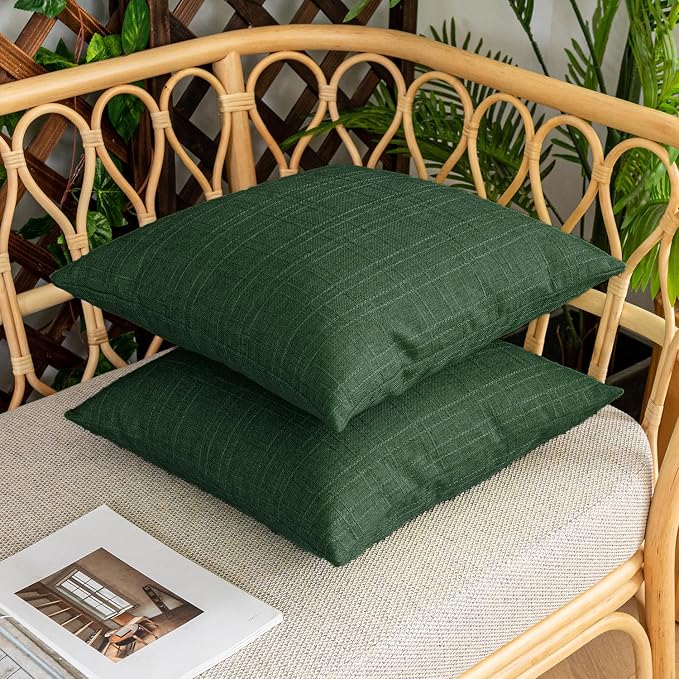 Kevin Textile Outdoor Waterproof 16”x16” Pillow Covers 2 Pack, Army Green | Water Resistant, Soft Faux Linen-cotton Yarn-dyed Woven Texture Throw Pillow Covers for Tent Patio Garden Couch Sofa